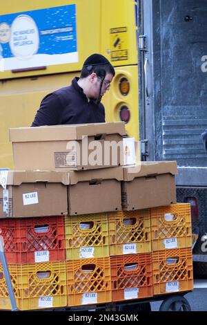 Ein Arbeiter für Satmar Meat liefert Kisten und Kartons vom Lager zu einem der Geschäfte. In Brooklyn, New York. Stockfoto