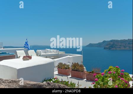 Blumen von einem Aussichtspunkt von Oia mit Santorin, Griechenland Stockfoto