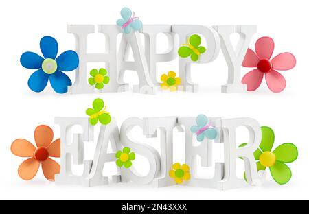 „Happy easter“-Schriftzug dekoriert mit Blumen und Schmetterlingen. Isoliert auf weißem Hintergrund, Kopfzeile für Werbebanner oder Geschenkgruß ca. Stockfoto
