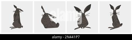 Handgezeichnete abstrakte Vektorgrafik Clipart Illustration Kollektion mit niedlichen, blauen, realistischen Hasenfiguren. Trendiges, modernes Design für Kinder Stock Vektor