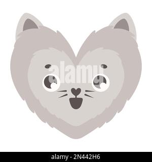 Komischer flauschiger Katzenkopf in Herzform. Tiergesicht. Kawaii-Kätzchen verliebt. Süße Zeichentrickfigur zum Valentinstag. Ein einfaches Designelement Stock Vektor