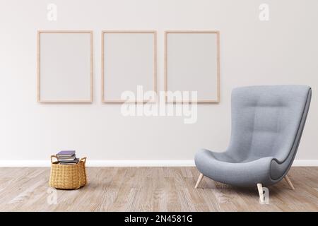 Modernes Zimmerdesign mit blauem Sessel und drei Wandrahmen. 3D Abbildung Stockfoto