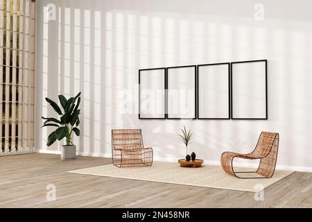 Wohnzimmerdesign mit leerem Rahmenmodell, zwei Rattanstühle an weißen Wänden. 3D Abbildung Stockfoto