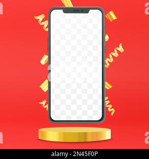 Smartphone-Vektormodell auf einem Podium mit Goldkonfetti Stock Vektor