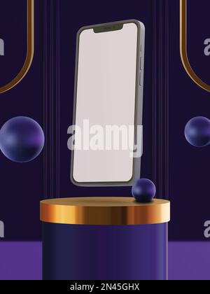 Vector 3D Smartphone- und Podium-Modell mit Kugeln und goldenen Details Stock Vektor