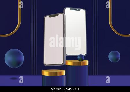 Luxuriöse Präsentation in Blau und Gold mit Vector 3D Smartphones Mockuo und Podium Stock Vektor