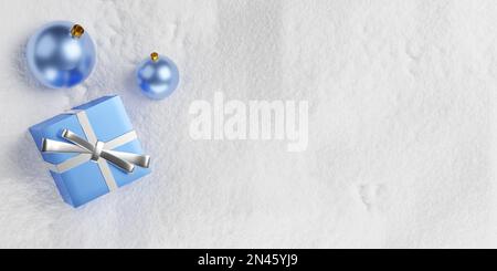 Zwei blaue weihnachtskugeln und ein weihnachtsgeschenk oder ein Geschenkpaket auf Schneehintergrund mit Kopierbereich, flach liegend, Blick von oben, weihnachten oder neu Stockfoto