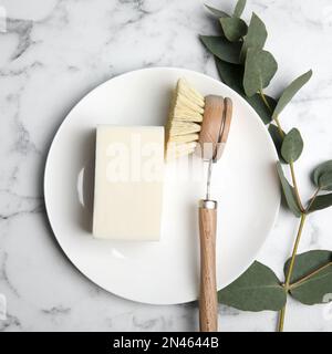 Reinigungsmittel zum Geschirrspülen, Teller und Eukalyptuszweig auf weißem Marmortisch, flach liegend Stockfoto