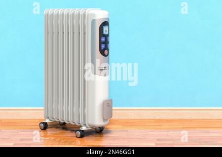 Elektrischer Ölerhitzer in Wandnähe, 3D-Rendering Stockfoto