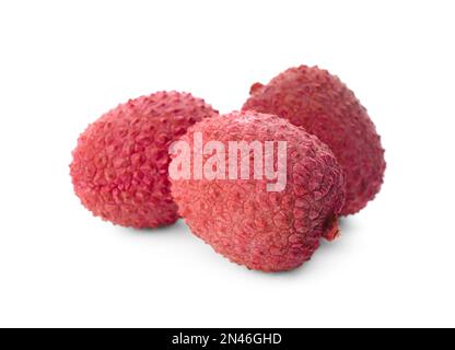 Frische, reife Litschis auf weißem Hintergrund, Nahaufnahme. Exotische Früchte Stockfoto