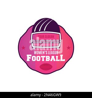 Vorlage für American Football-Logo. Damen-League-Abzeichen mit Helm und Ball. Farbenfrohes Rugby-Emblem. Vektorbeschriftung auf weißem Hintergrund isoliert Stock Vektor