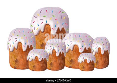 Osterkuchen in weißer Glasur. Bunte kandierte Früchte. Handgezeichnete Aquarelldarstellung isoliert auf weißem Hintergrund. Stockfoto
