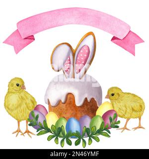 Osterkuchen in weißer Glasur. Mehrfarbige bemalte Eier. Gelbe Hühner. Rosa Band. Handgezeichnete Aquarelldarstellung isoliert auf weißem Hintergrund. Stockfoto
