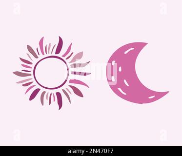 Süße, skurrile Sonne und Mond mit Vektormotiven. Illustration der Nacht-Tag-Himmelskollektion für Kinder Clipart. Stock Vektor