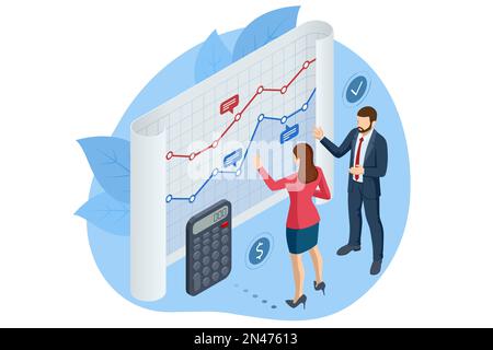 Isometrische Geschäftsanalyse, Analysen, Forschung, Strategiestatistik, Planung, Marketing, Untersuchung von Leistungsindikatoren. Audit, Versicherung Stock Vektor