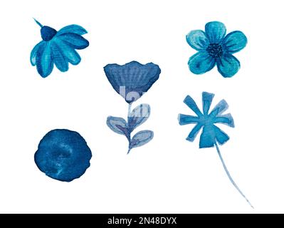 Blaue Aquarellblumen, isoliert auf Weiß. Indigo-Blau des Clipart, handgemalte Illustration. Stockfoto