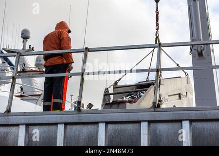 Entladen von Fischen aus dem Supertrawler „Antarktis“ in Killybegs, County Donegal, Irland. Stockfoto