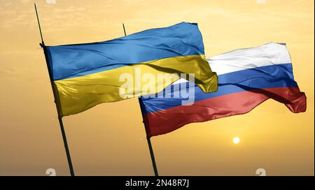 Flagge ukraine gegen russland 365. Tag der russischen Invasion der ukraine 1 Jahre Krieg Stockfoto