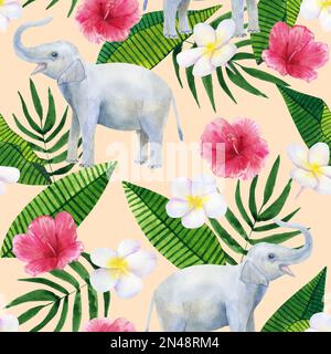Tropischer nahtloser Hintergrund. Muster mit wunderschönen wässrigen exotischen Blättern, Elefant, Hibiskus, Plumeria. Botanisches handgezeichnetes Bild Stockfoto