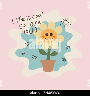 Niedliche Charakterblume im flachen Stil mit hübschem Satz. Aufdruck für Kleidung. Design für Kinder Mädchen Pijama, T-Shirt Stock Vektor