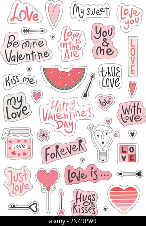 Handgezeichnete große Clipart-Vektorelemente für Valentinstag, Sammelalben, Grußkarten, Aufkleber, Partyeinladungen, Geschenkanhänger. Stock Vektor