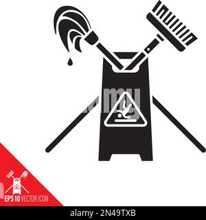 Nassbodenschild mit gekreuztem Wischmopp und Besen-Vektorglyphe-Symbol. Symbol für professionelle Reinigungsausrüstung. Stock Vektor