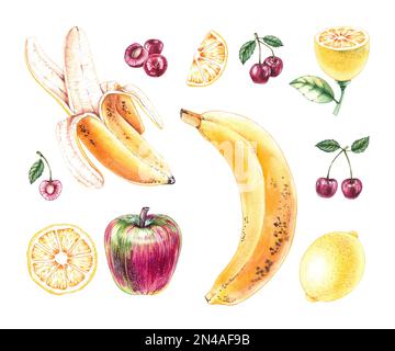 Aquarelle Früchte. Kirsche, Apfel, Banane, Zitrone für das Design von Weihnachtskarten, Mustern, Verpackungen, Einladungen, Bannern, Soziale Netzwerke Stockfoto