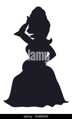 Dunkle Silhouette einer schwangeren Frau mit Lachausdruck und Hand im Kopf, in altmodischer Kleidung. Design isoliert auf weißem Hintergrund. Stock Vektor