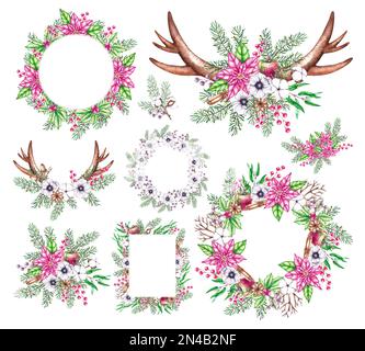 Aquarelle Weihnachtssträuße, Rahmen, Kränze, Hörner. Weihnachtsset im Boho-Stil für das Design von Aufklebern, Verpackungen, Postkarten, Einladungen, Stockfoto