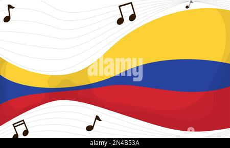 Festliches Banner mit Kolumbiens Flagge, musikalischen Staffellinien und Noten, die die Bedeutung der Musik in diesem Land hervorheben. Design im Cartoon-Stil. Stock Vektor