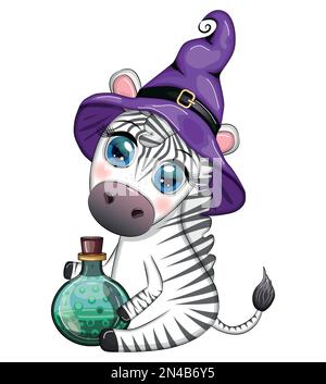 Süßes Zebra in Hexenhut, mit Besen, Kürbis, Zaubertrank. Poster, Karte, Etikett und Dekoration für die Halloween-Party. Süßes oder Saures Stock Vektor