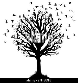 Abstrakte Baumsilhouette mit fliegendem Vogelschwarm Stock Vektor