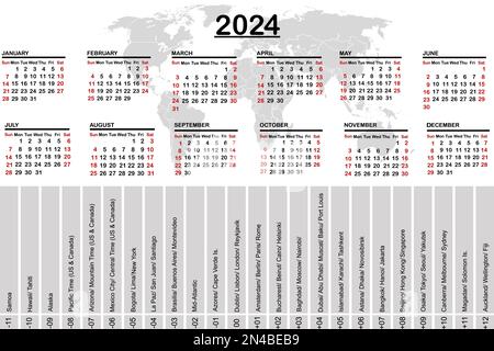 2024 Kalender mit Weltkarte und Zeitzonen Stock Vektor