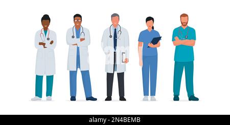 Fachärzte und Krankenschwestern stehen zusammen, Gesundheits- und Medizinkonzept Stock Vektor