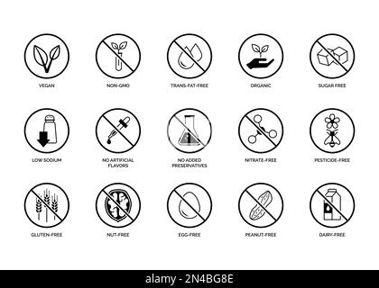 Symbole für gesunde Lebensmittel und Ernährung, Lebensmittelkennzeichnung und Informationen Stock Vektor