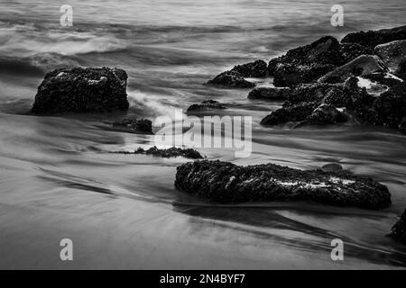 Eine Graustufenaufnahme von Meereswellen, die die Felsen am Strand stürzen. Stockfoto