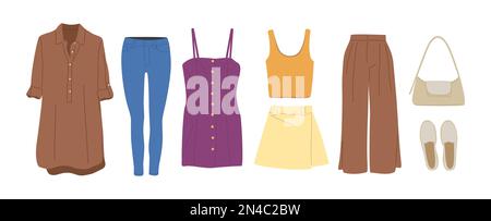 Modebekleidungsset. Kleidung, Accessoire für Mädchen, Frauen. Vektordarstellung. Stock Vektor
