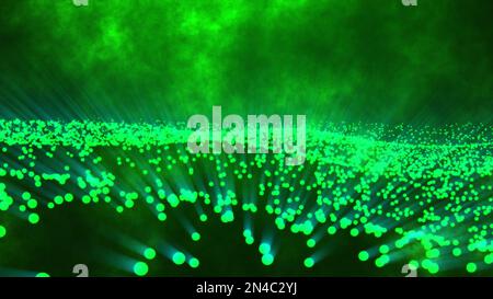 Abstrakter Hintergrund von Bokeh-grünen Partikeln. Partikel mit Schärfentiefe und Bokeh im Cyber-Digitaltechnologiekonzept. Stockfoto