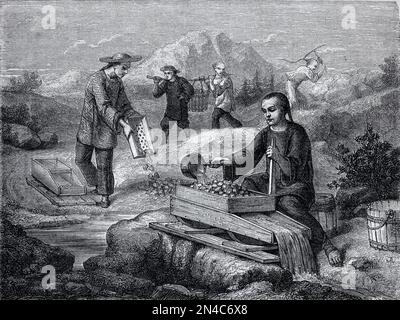 Chinesische Arbeiter oder Arbeiter, die während des kalifornischen Goldrauschs, des Goldrauschs oder des Goldrauschs in den USA oder den USA auf der Suche nach Gold Felsen waschen. Vintage-Illustration oder Gravur 1862 Stockfoto