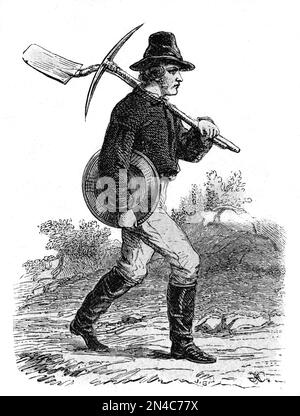 Gold Miner Walking mit Mining Tools einschließlich Pick, Shovel und Hand Sieve oder Sifter während des kalifornischen Goldrauschs oder Gold Fever California USA. Vintage-Gravur oder Illustration 1862Gold-Bergbau Stockfoto