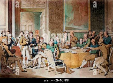 Kongress von Wien - Le Congres de Vienne (1814-1815), Faisant Suite au traite de Paris en 1814. Il Reunit les huit puissances mondiales et Vise a redefinir les Frontieres apres la Chute de l'Empire de Napoleon Ier. Alexandre Ier, Zar de Russie, H.R. Stewart, Castlereagh, Francois Joseph Ier, Kaiser d'Autriche, Frederic Guillaume III., roi de Prusse; Karl August, Prinz de Hardenbergh; Wilhelm von Humboldt (Guillaume de Humboldt, 1767-1835); Prinz de Metternich, Winneburg; comte de Nesselrode; Charles Maurice (Charles-Maurice) de Talleyrand Perigord, le Kardinal Stockfoto