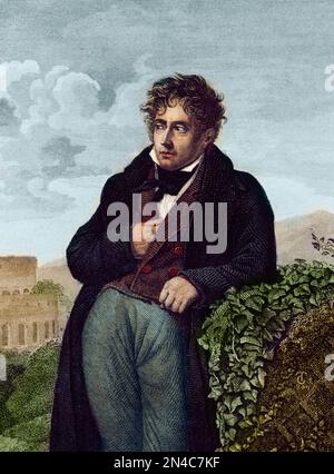 Portrait de Francois Rene, Vicomte de Chateaubriand (1768-1848) meditant sur les ruines de Rome devant une vue du Colisee' d'apres la Peinture de Anne Louis Girodet de Roucy-Trioson Stockfoto