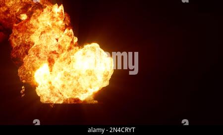 3D-Wiedergabe einer beeindruckenden, intensiven Explosion auf schwarzem Hintergrund. Zusammensetzung einer explodierenden, hellen, bunten Explosion, Stosswelle und Puffs von Stockfoto