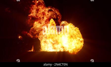 3D-Wiedergabe einer beeindruckenden, intensiven Explosion auf schwarzem Hintergrund. Zusammensetzung einer explodierenden, hellen, bunten Explosion, Stosswelle und Puffs von Stockfoto