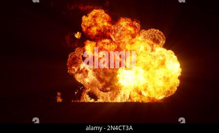 3D-Wiedergabe einer beeindruckenden, intensiven Explosion auf schwarzem Hintergrund. Zusammensetzung einer explodierenden, hellen, bunten Explosion, Stosswelle und Puffs von Stockfoto
