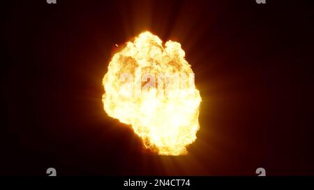3D-Wiedergabe einer beeindruckenden, intensiven Explosion auf schwarzem Hintergrund. Zusammensetzung einer explodierenden, hellen, bunten Explosion, Stosswelle und Puffs von Stockfoto