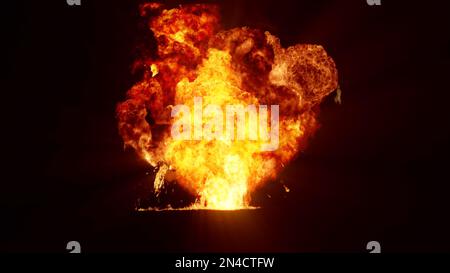 3D-Wiedergabe einer beeindruckenden, intensiven Explosion auf schwarzem Hintergrund. Zusammensetzung einer explodierenden, hellen, bunten Explosion, Stosswelle und Puffs von Stockfoto