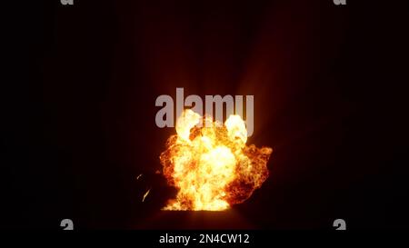 3D-Wiedergabe einer beeindruckenden, intensiven Explosion auf schwarzem Hintergrund. Zusammensetzung einer explodierenden, hellen, bunten Explosion, Stosswelle und Puffs von Stockfoto