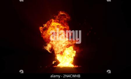 3D-Wiedergabe einer beeindruckenden, intensiven Explosion auf schwarzem Hintergrund. Zusammensetzung einer explodierenden, hellen, bunten Explosion, Stosswelle und Puffs von Stockfoto