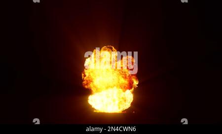 3D-Wiedergabe einer beeindruckenden, intensiven Explosion auf schwarzem Hintergrund. Zusammensetzung einer explodierenden, hellen, bunten Explosion, Stosswelle und Puffs von Stockfoto